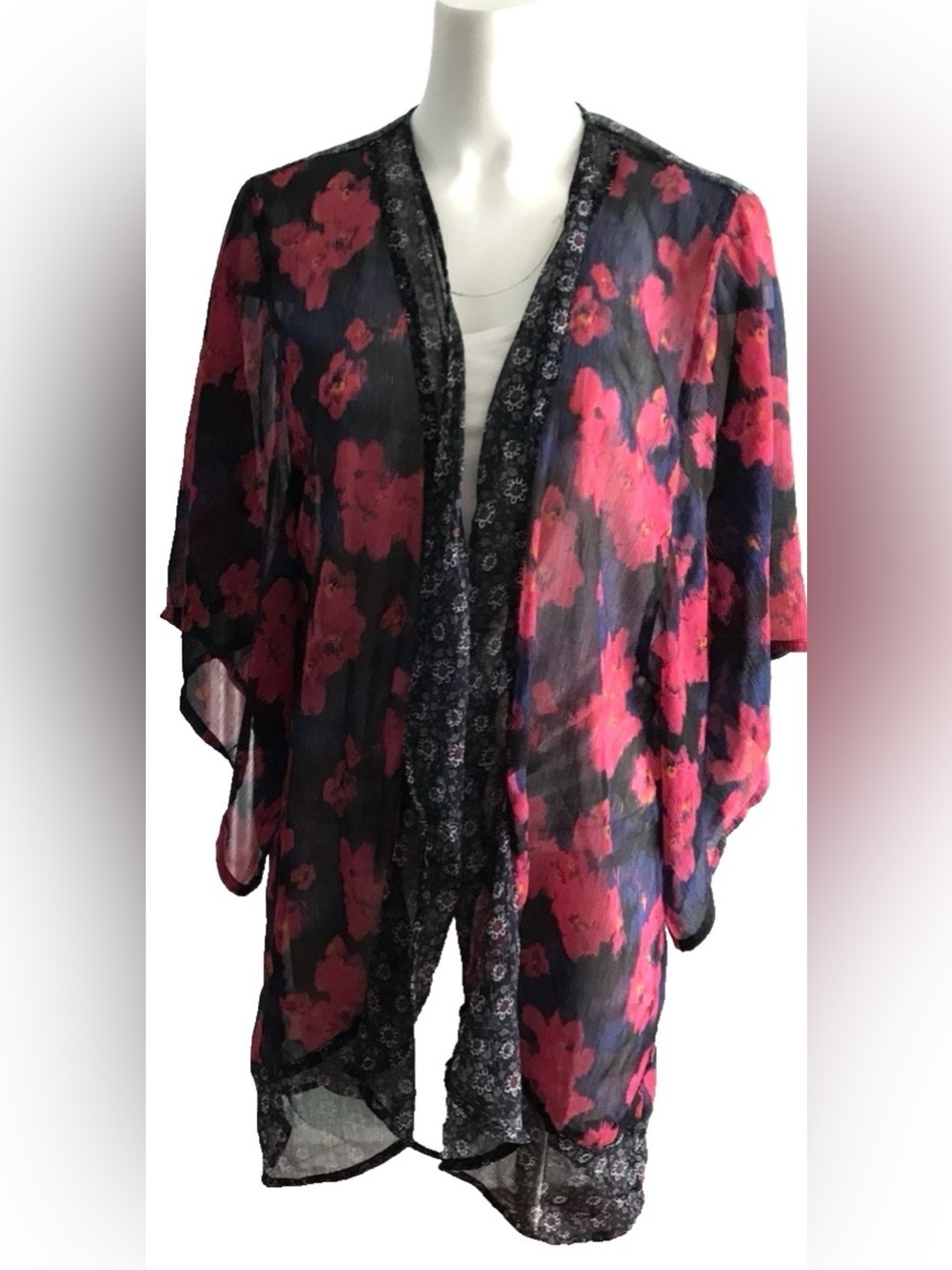 Hollister Women Floral Kimono Sleeve Sheer Open Tunic Top Blouse One Size INDIA